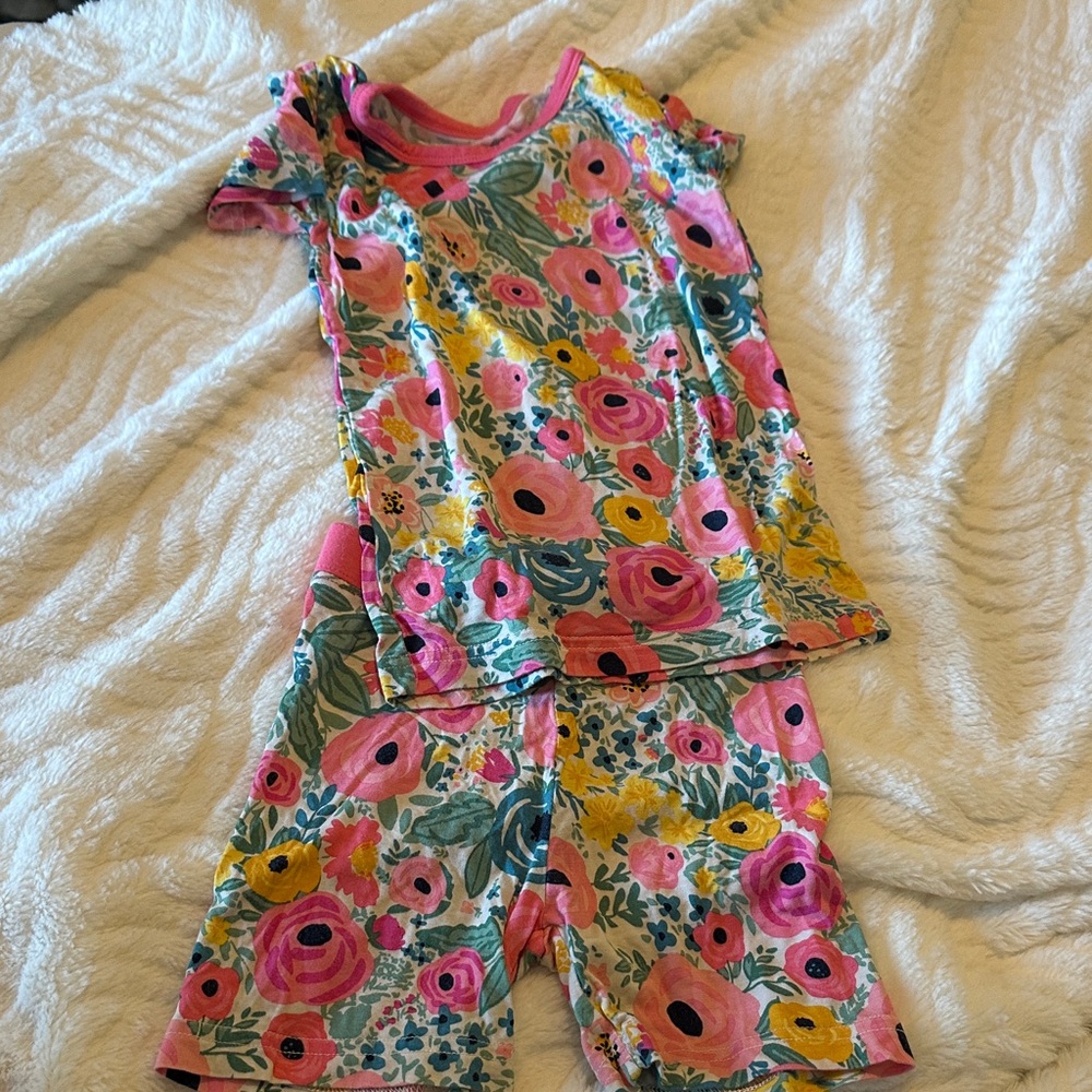 Little Sleepies Floral Kids Short Pajama Set - Pink, Yellow, and Green VERY GOOD